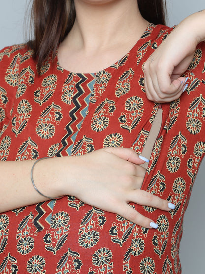 Straight Feeding Kurta Set | Pure Cotton | Red