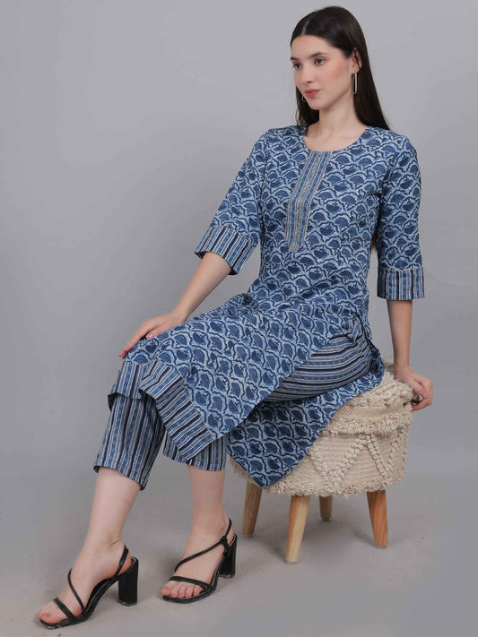 Blue Pure Cotton Straight Feeding Kurta Set with Dupatta