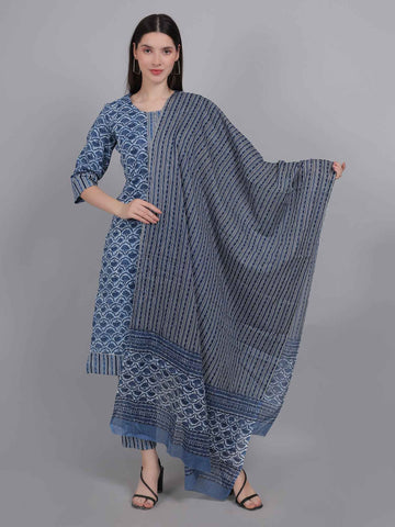 Blue Pure Cotton Straight Feeding Kurta Set with Dupatta