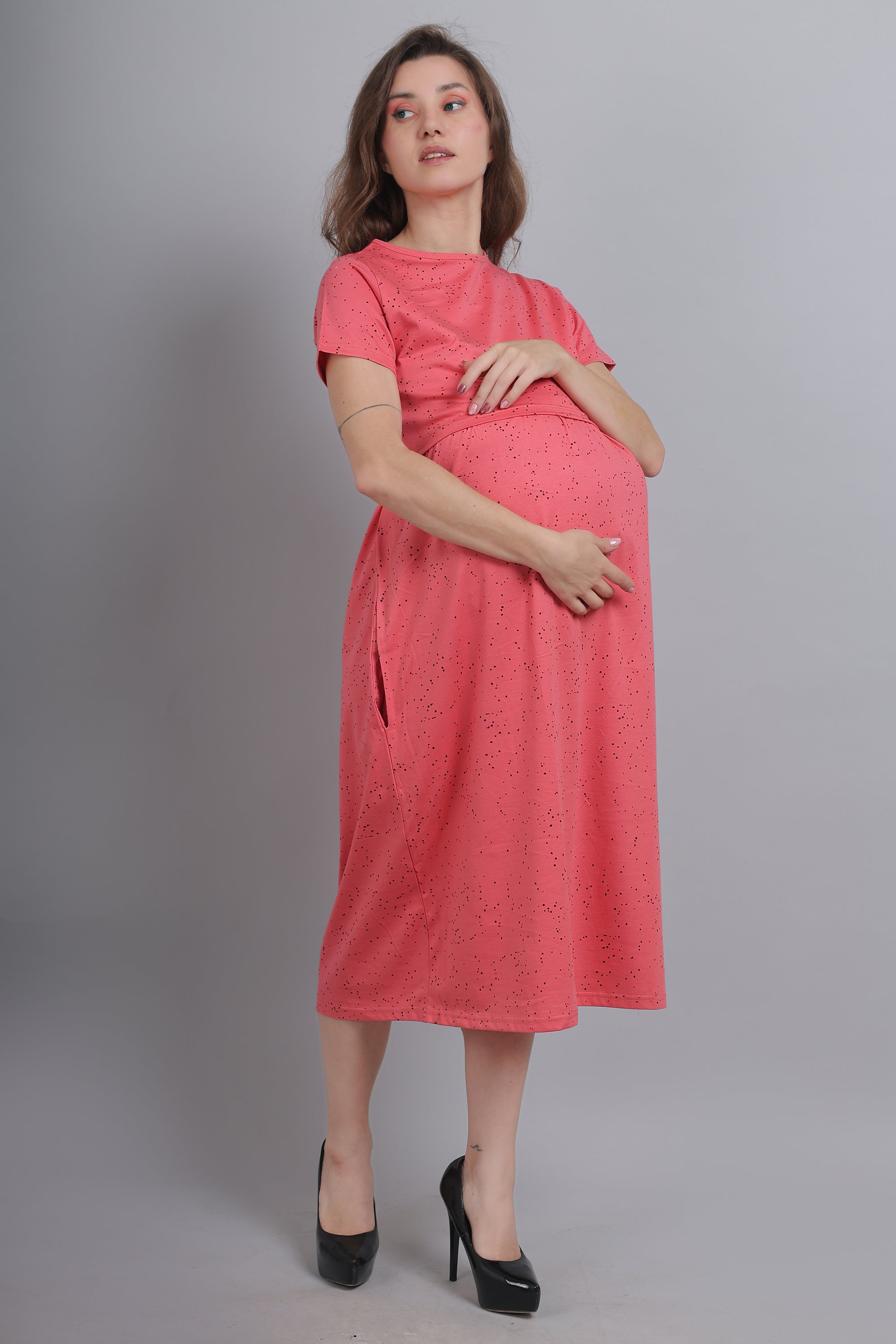 Tomato Red Knitted Cotton Maternity Loungewear Dress