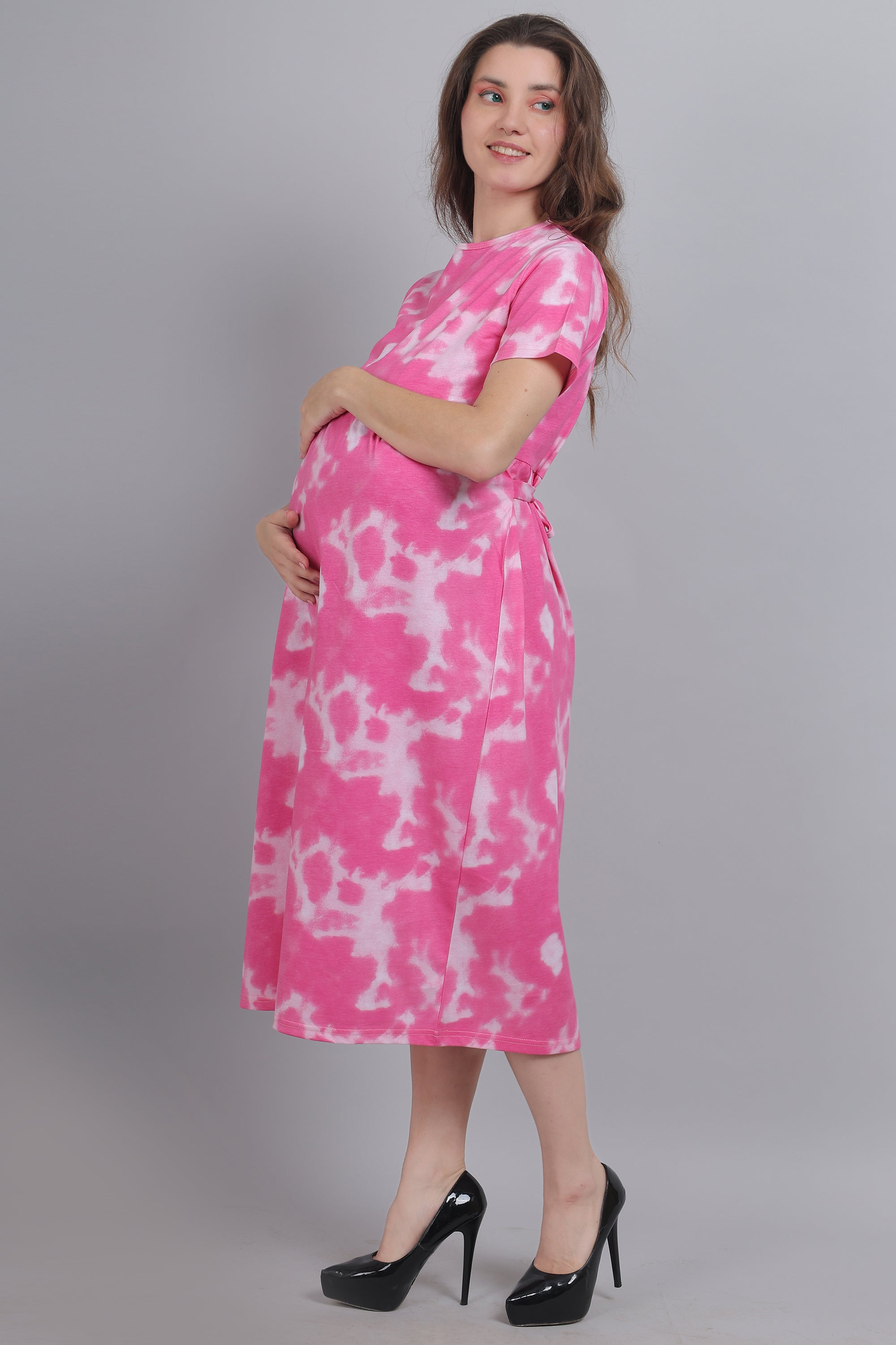 Pink Tie Dye Knitted Cotton Maternity Loungewear Dress