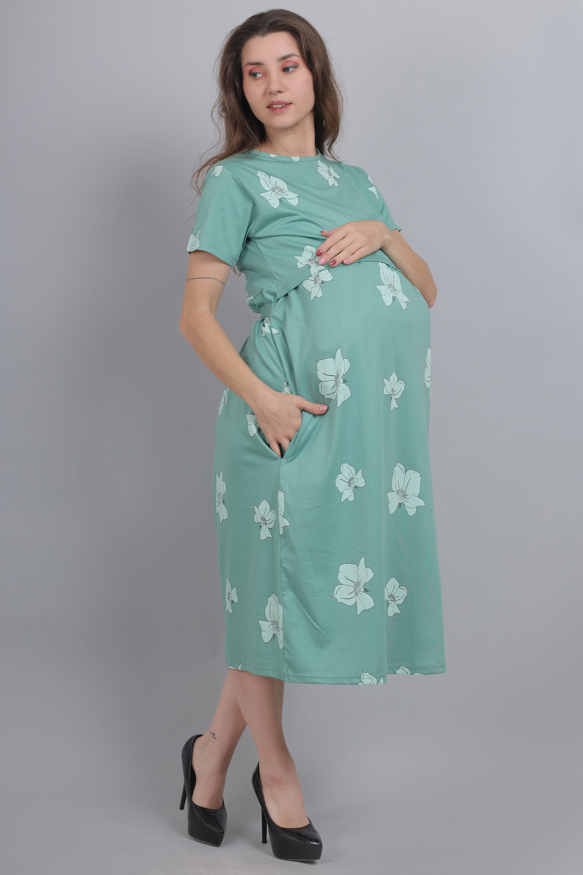 Turquoise Green Knitted Cotton Maternity Loungewear Dress