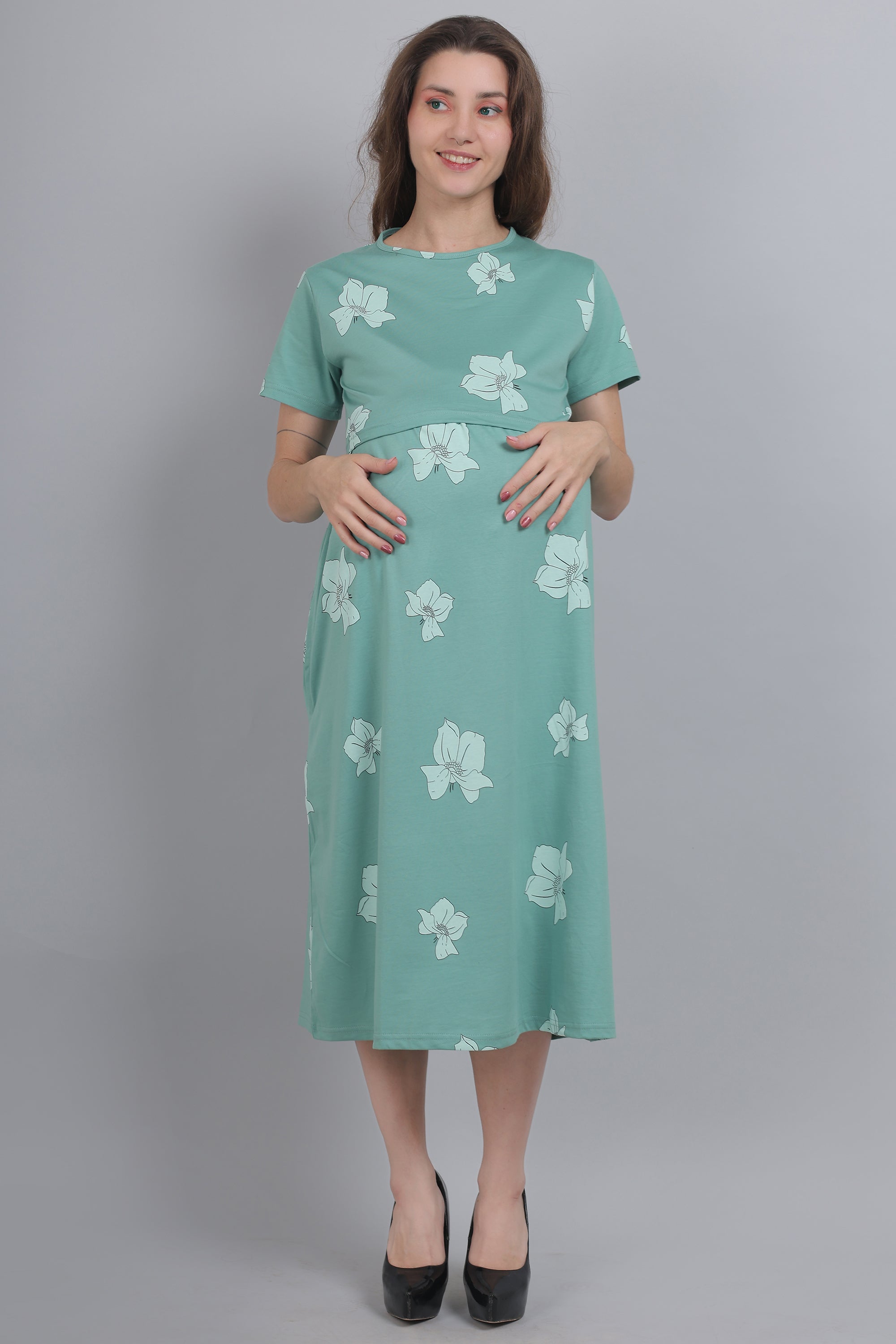 Turquoise Green Knitted Cotton Maternity Loungewear Dress