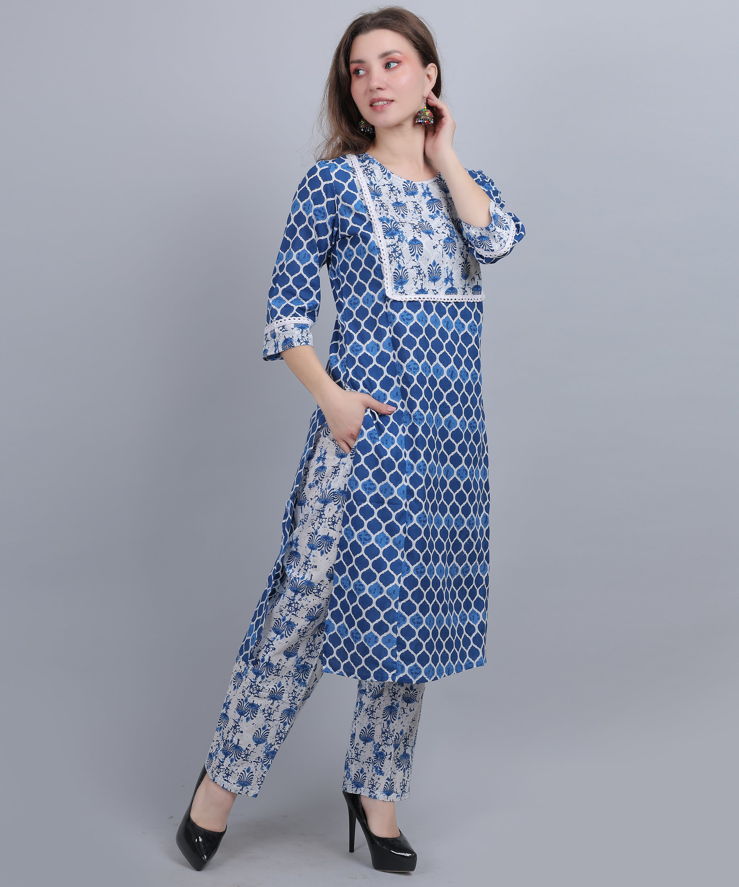 Pure Cotton Blue Straight Feeding Kurta Set With Dupatta