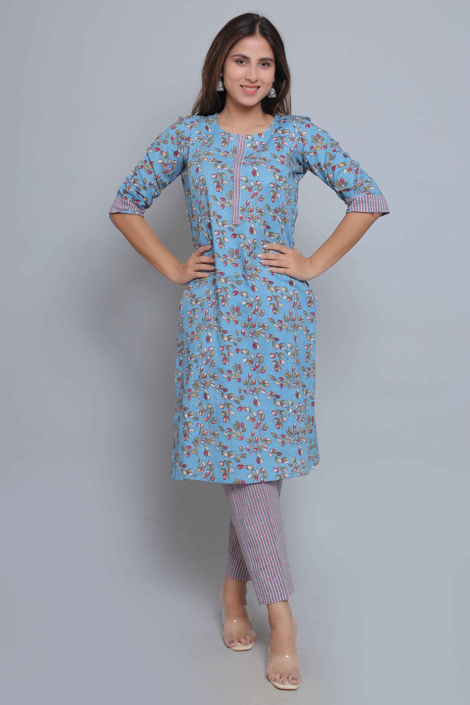 Blue Pure Cotton Straight Feeding Kurta Set