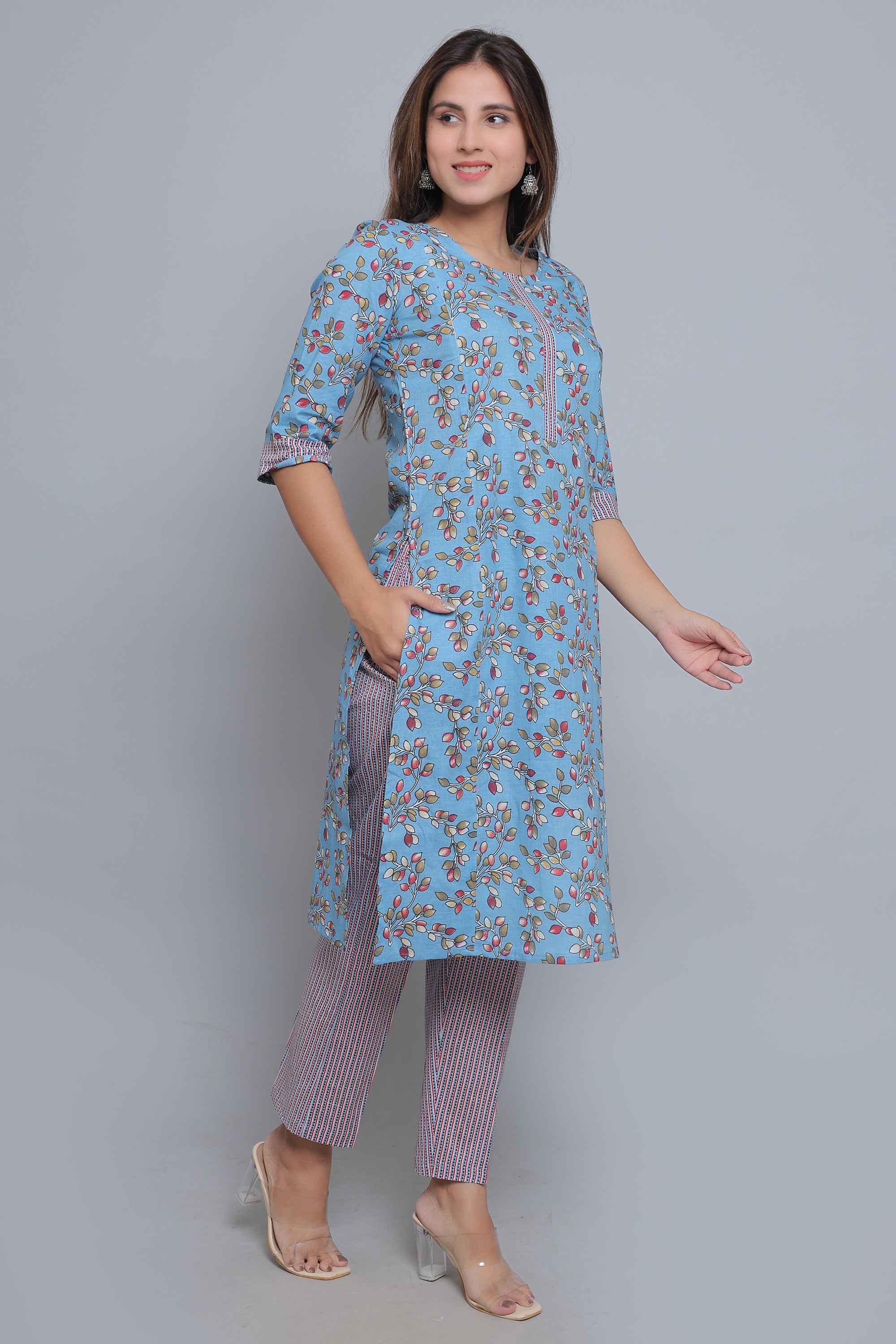 Blue Pure Cotton Straight Feeding Kurta Set
