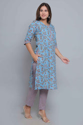 Blue Pure Cotton Straight Feeding Kurta Set