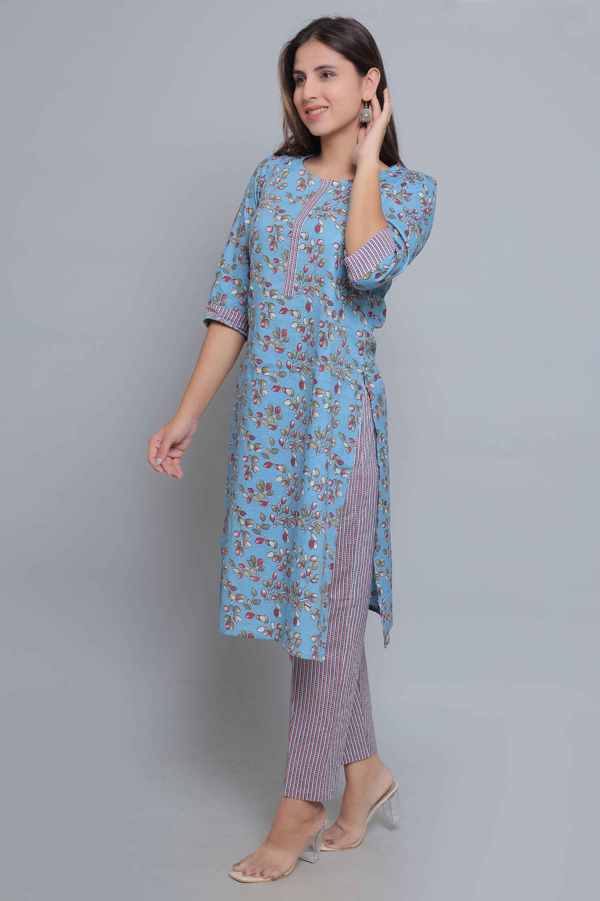 Blue Pure Cotton Straight Feeding Kurta Set