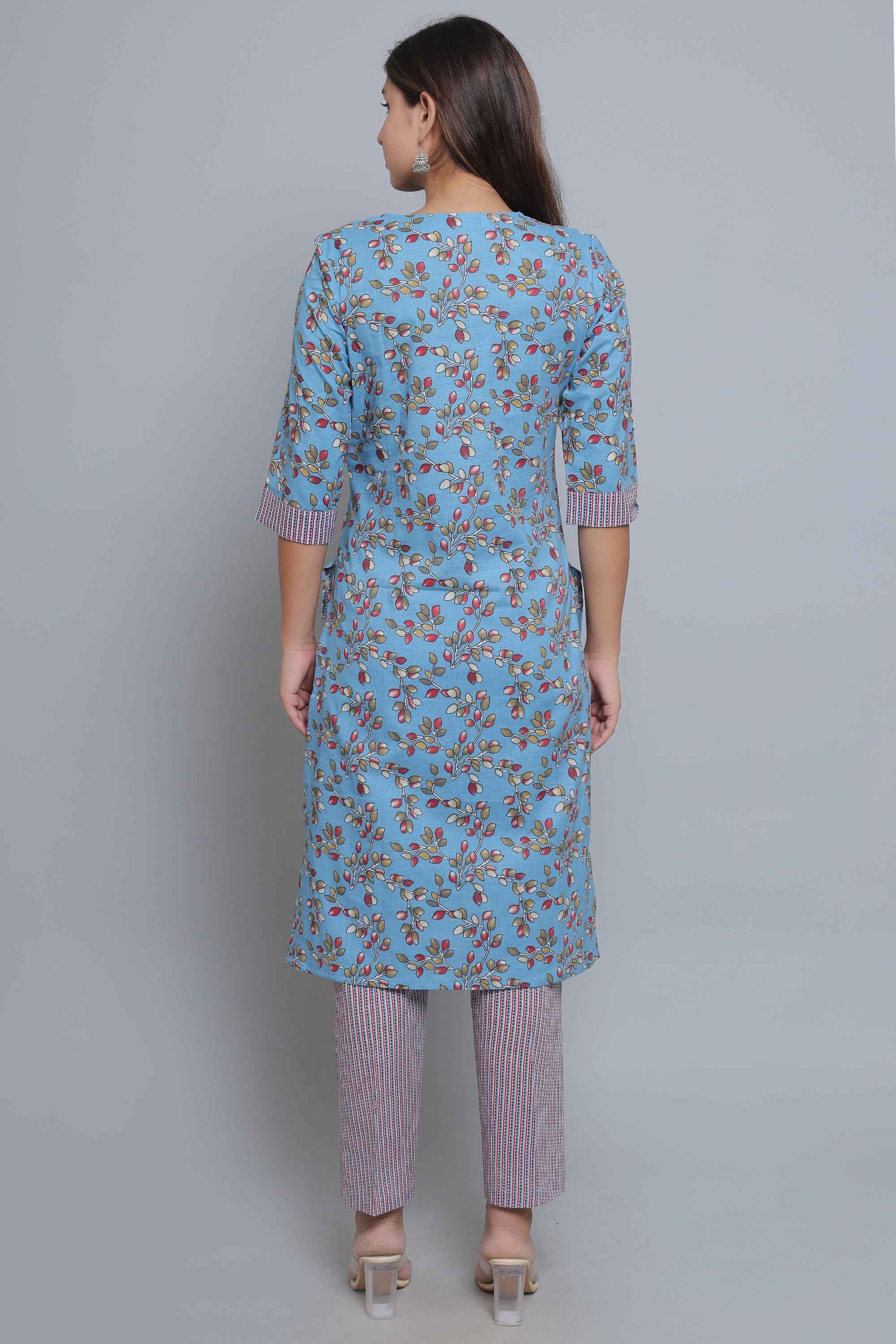 Blue Pure Cotton Straight Feeding Kurta Set