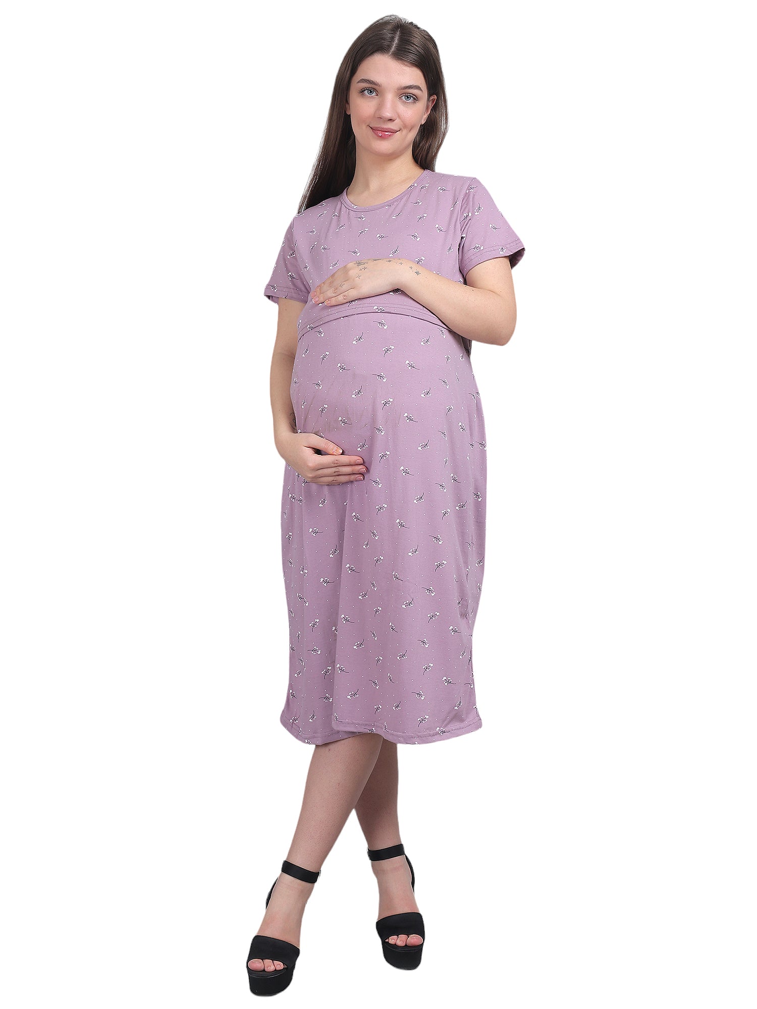 Light Purple Knitted Cotton Maternity Loungewear Dress