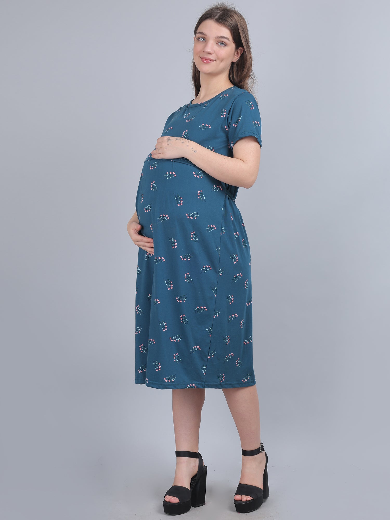 Teal Blue Knitted Cotton Maternity Loungewear Dress
