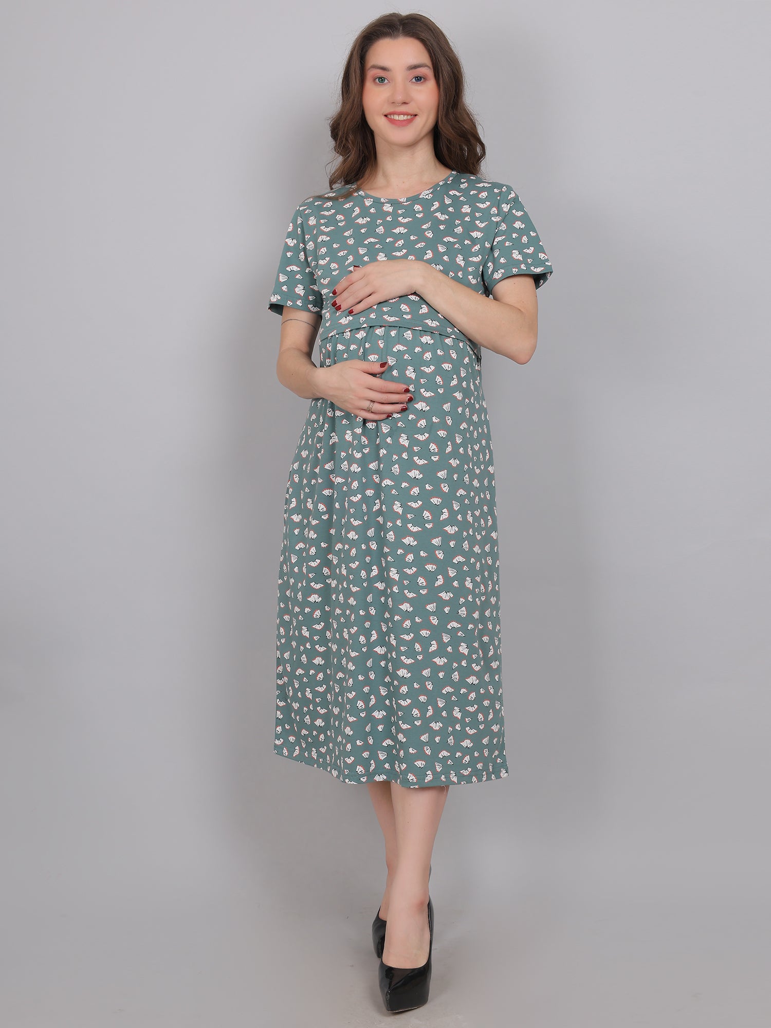 Sea Green Knitted Cotton Maternity Loungewear Dress