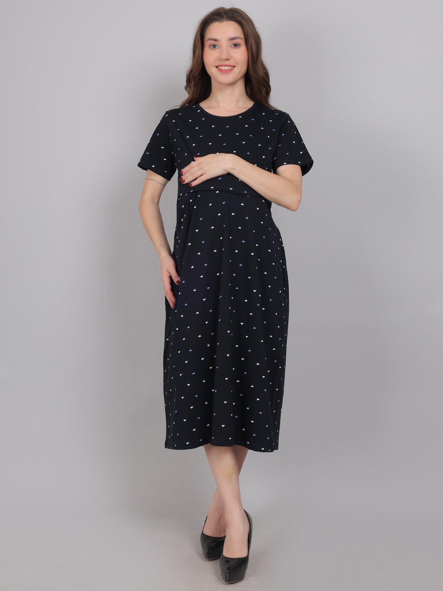 Black Heart Knitted Cotton Maternity Loungewear Dress