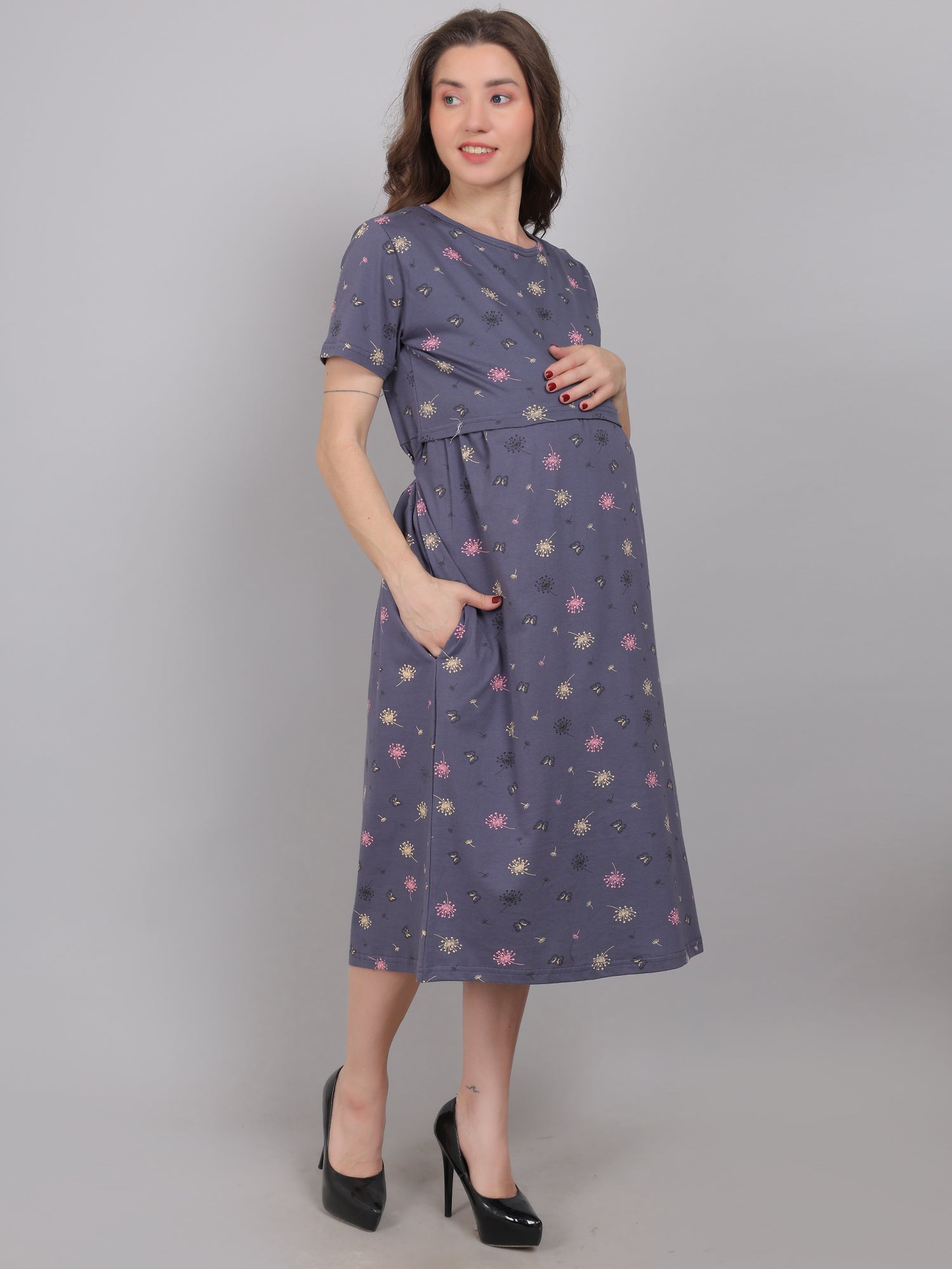 Charcoal Grey Knitted Cotton Maternity Loungewear Dress