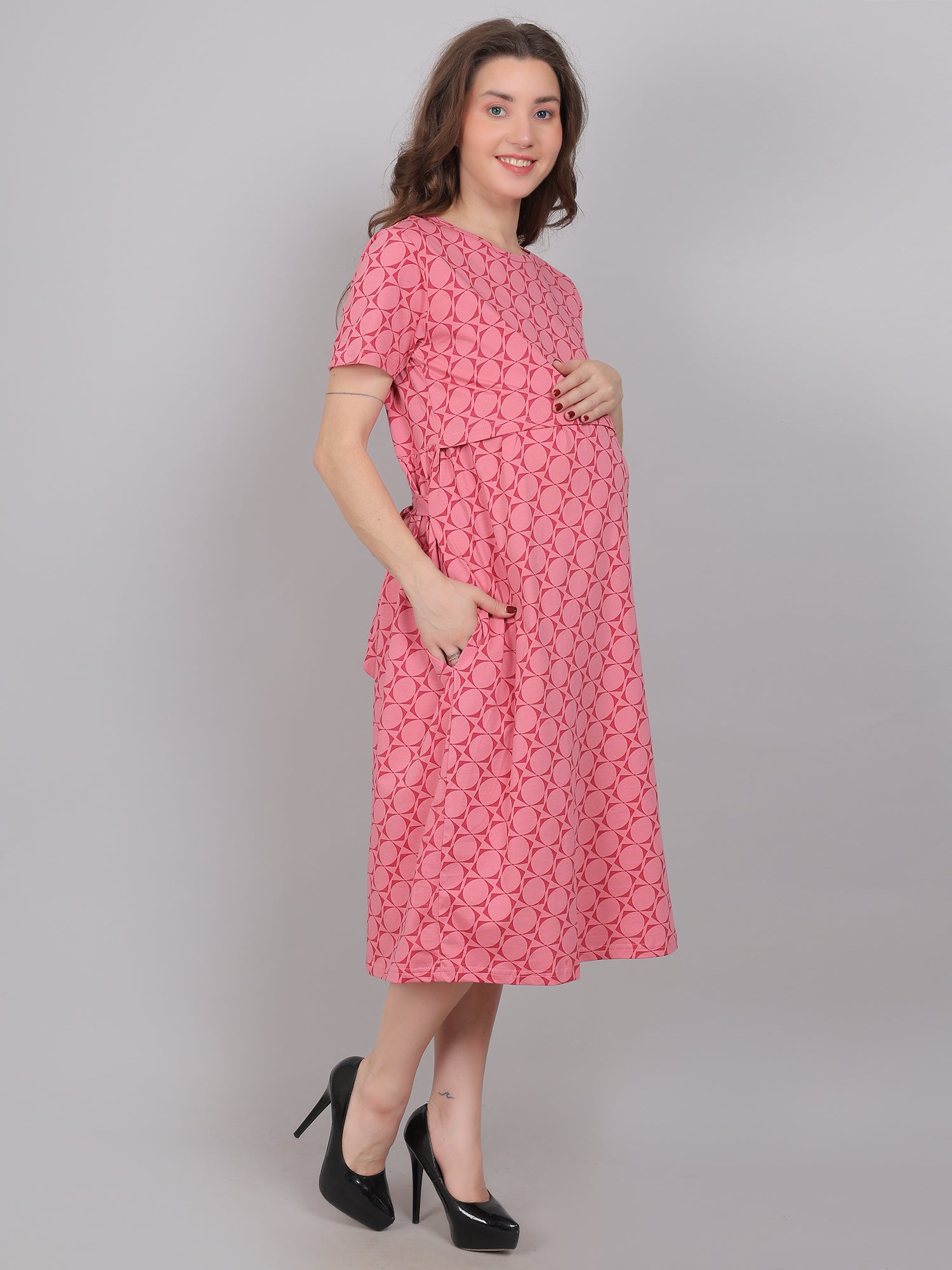 Pink Knitted Cotton Maternity Loungewear Dress