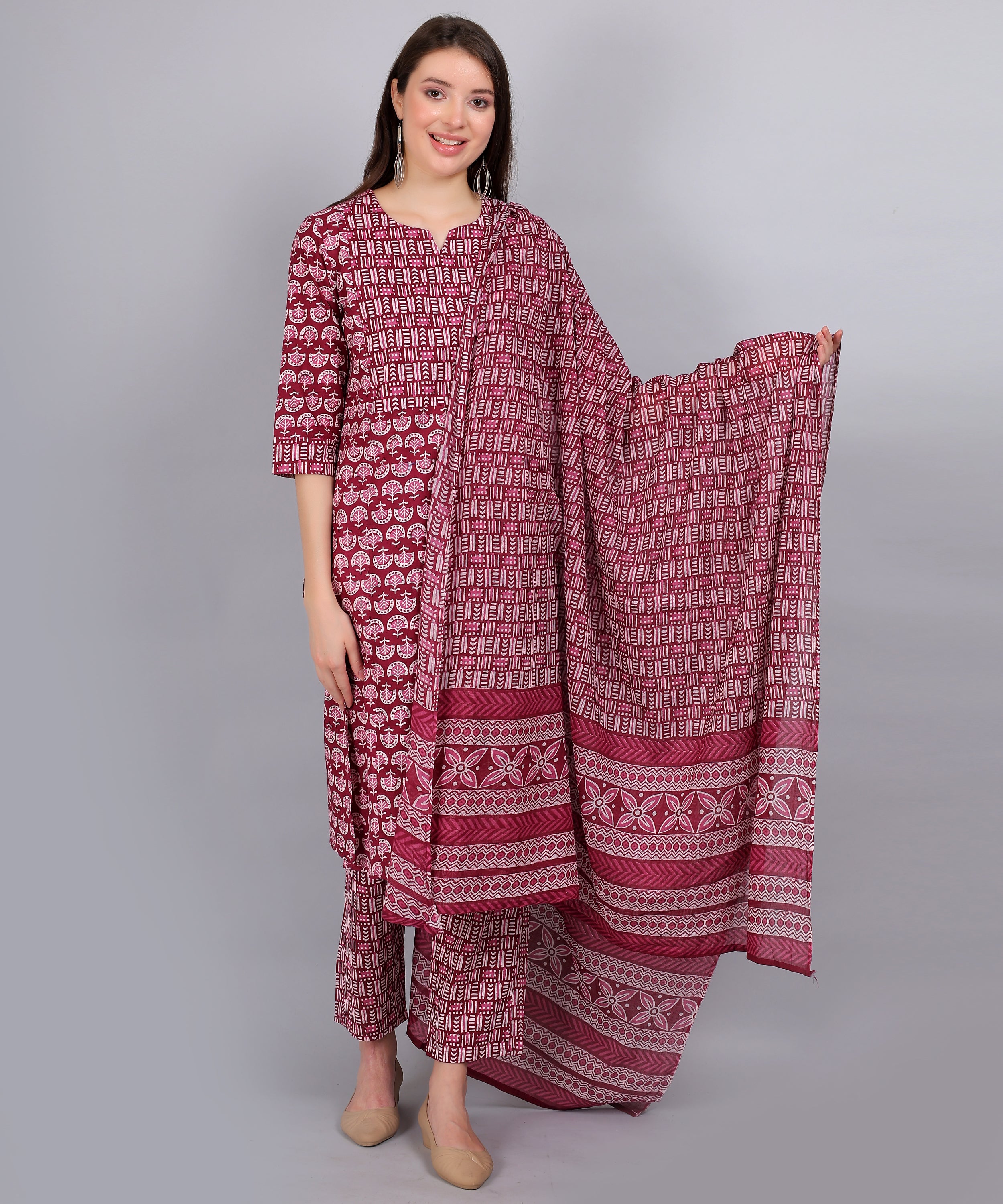 Maroon-PureCotton-StraightFeeding-KurtaSet-Dupatta