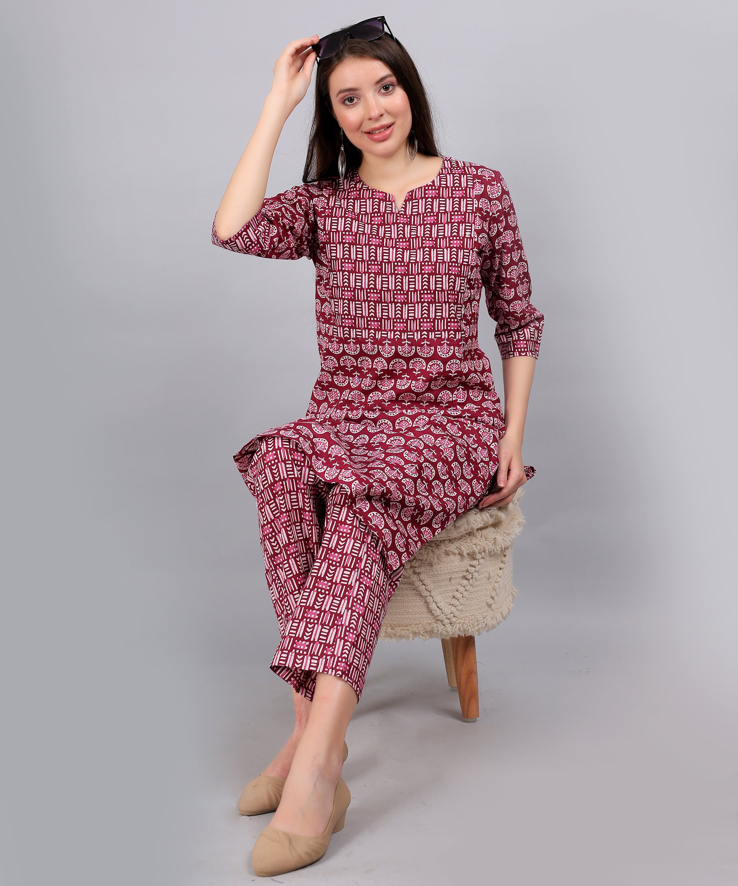 Maroon-PureCotton-StraightFeeding-KurtaSet-Dupatta