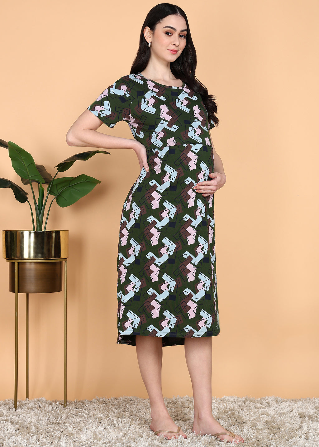 MilitaryGreen-KnittedCotton-Maternity-Loungewear-Dress