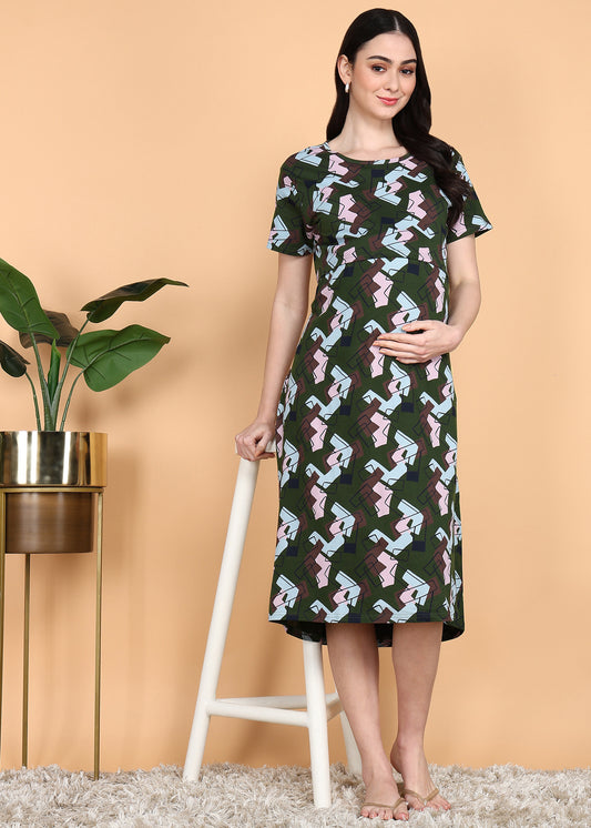 MilitaryGreen-KnittedCotton-Maternity-Loungewear-Dress