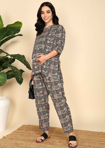 Multicolor Pure Cotton Maternity and Feeding Co-ord Set