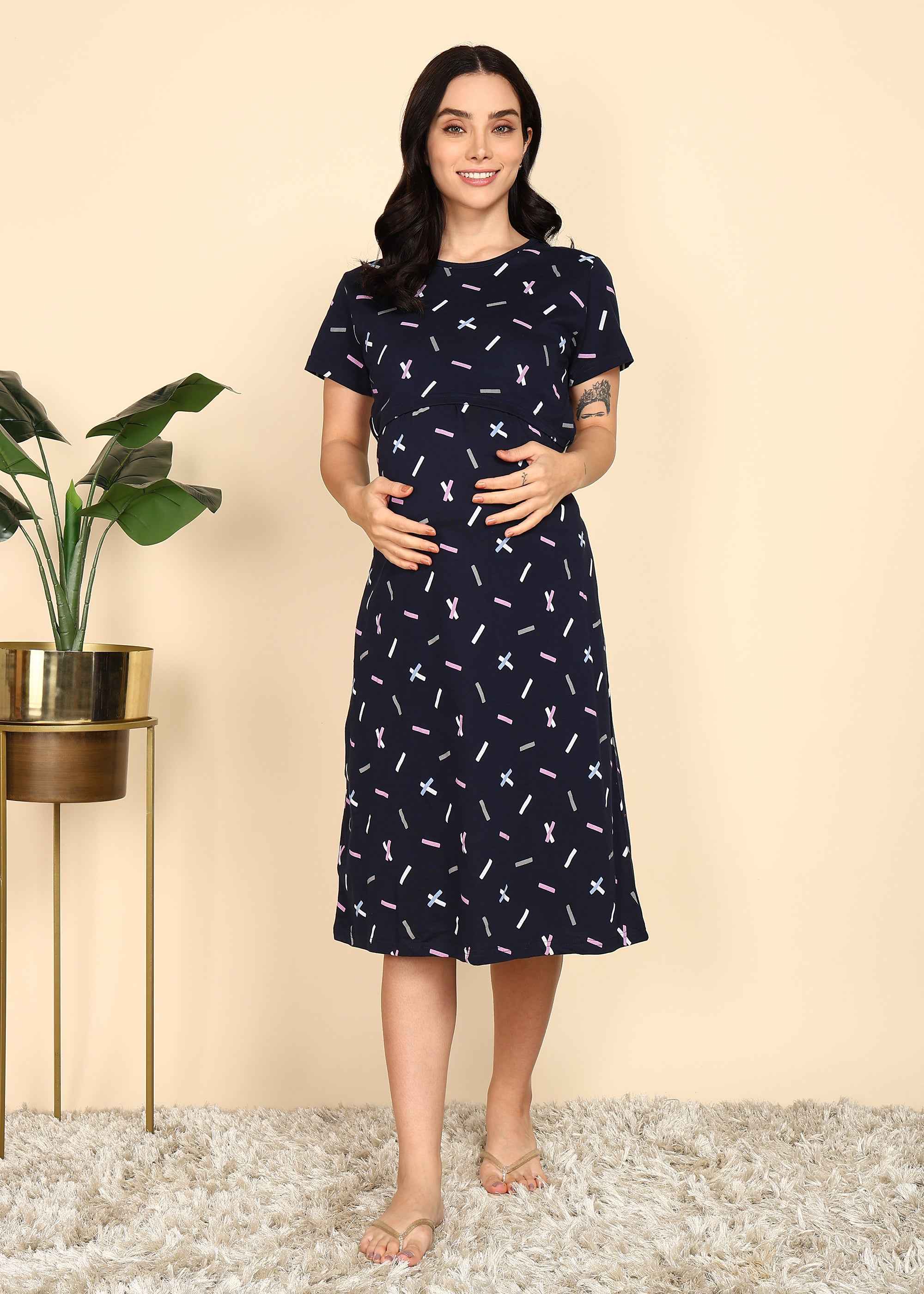 Navy Blue Knitted Cotton Maternity Loungewear Dress