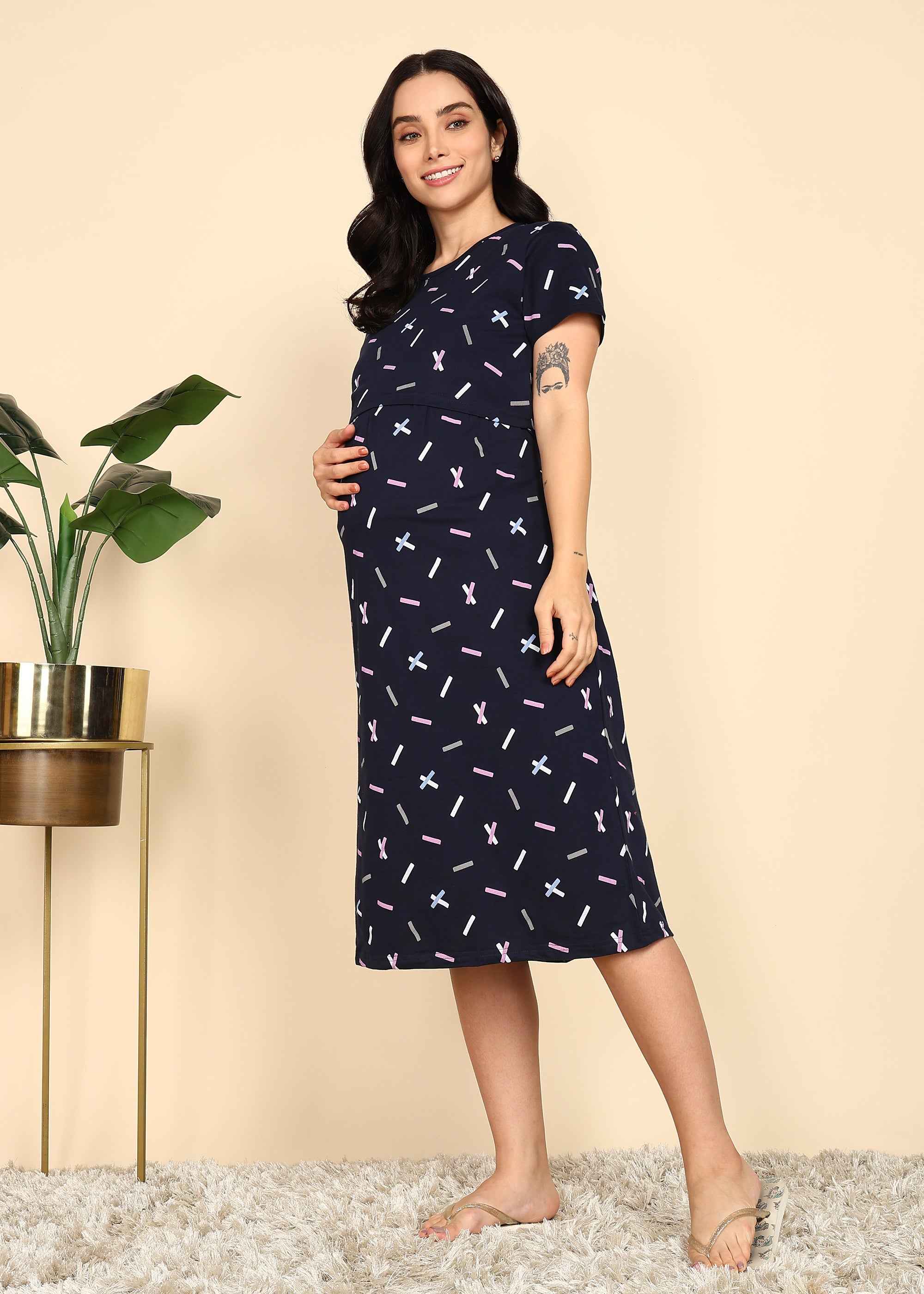 Navy Blue Knitted Cotton Maternity Loungewear Dress