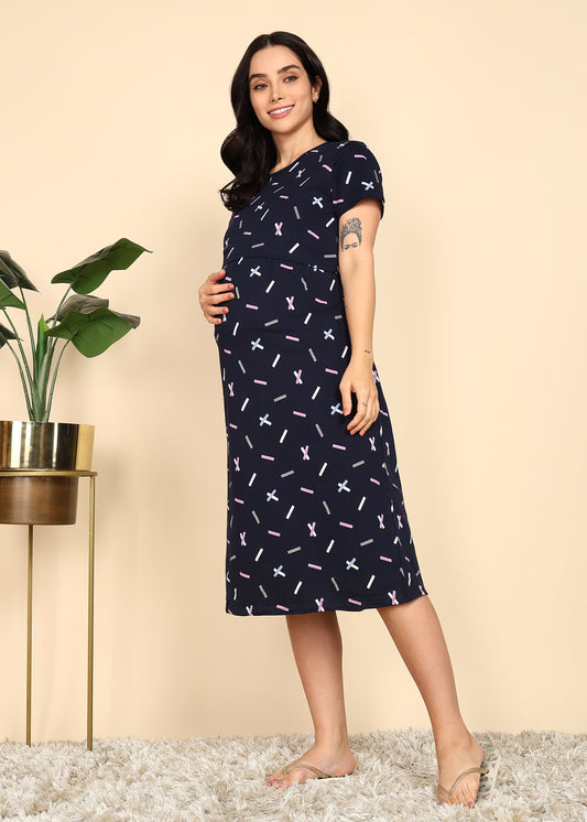 NavyBlue-KnittedCotton-Maternity-Loungewear-Dress