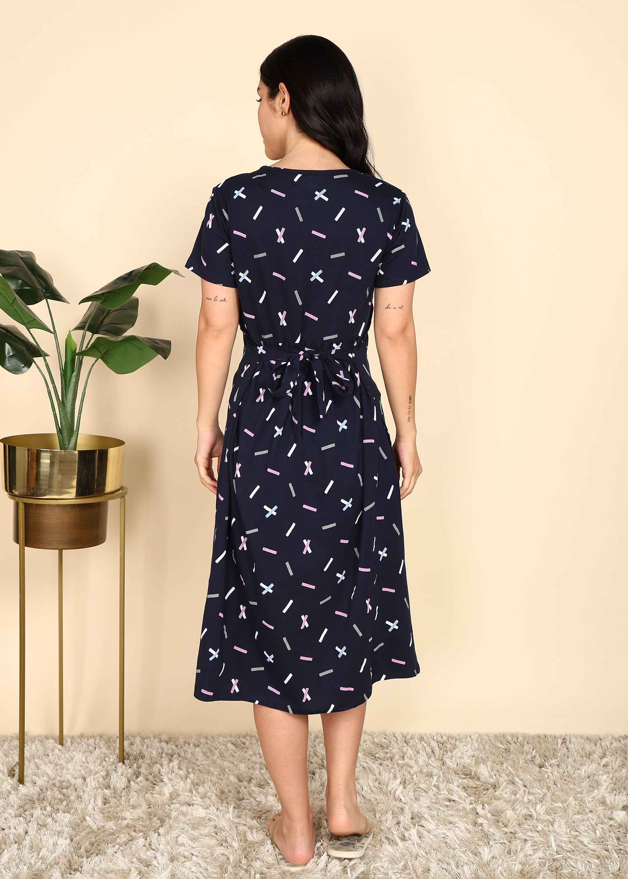 Navy Blue Knitted Cotton Maternity Loungewear Dress
