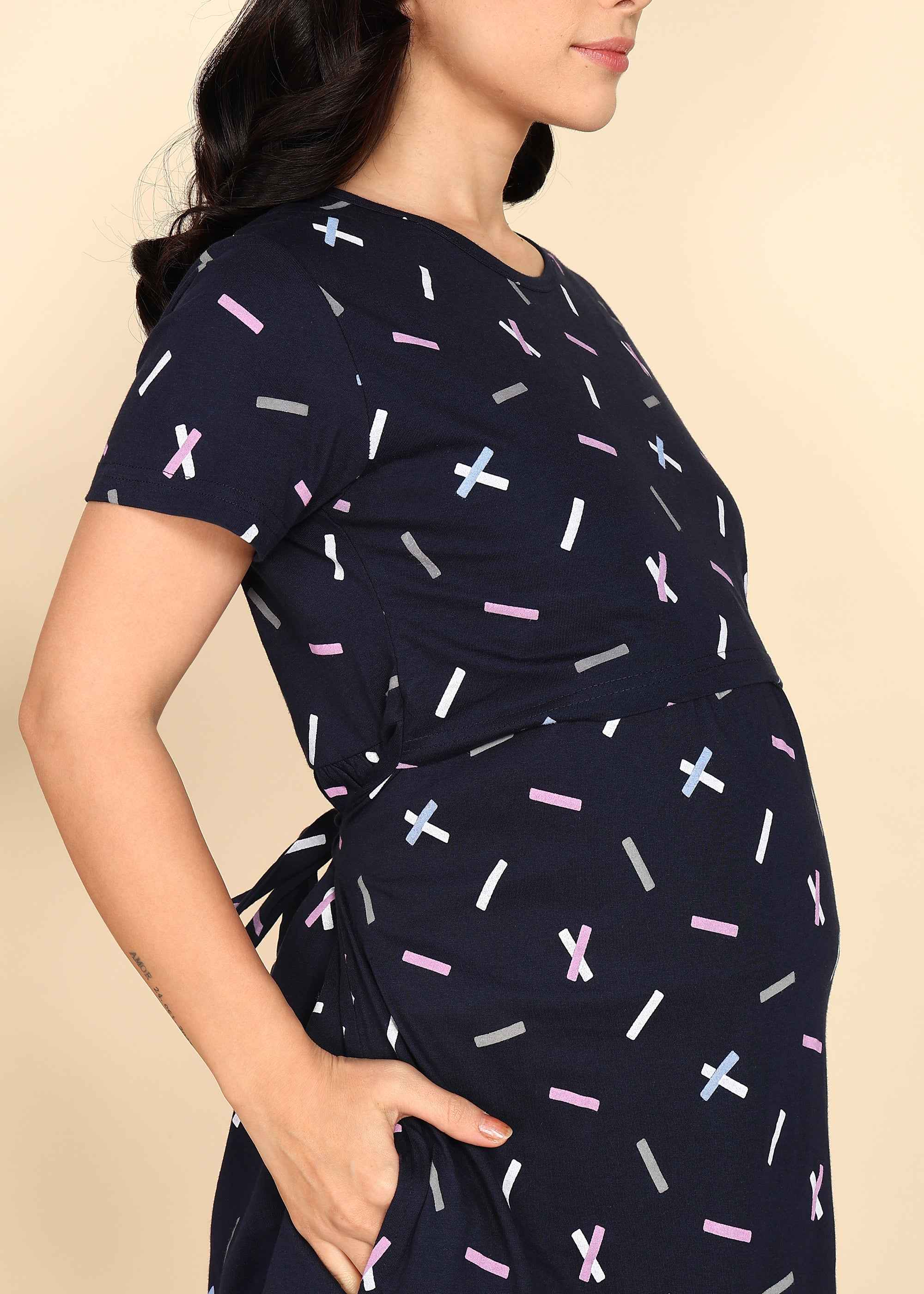 Navy Blue Knitted Cotton Maternity Loungewear Dress