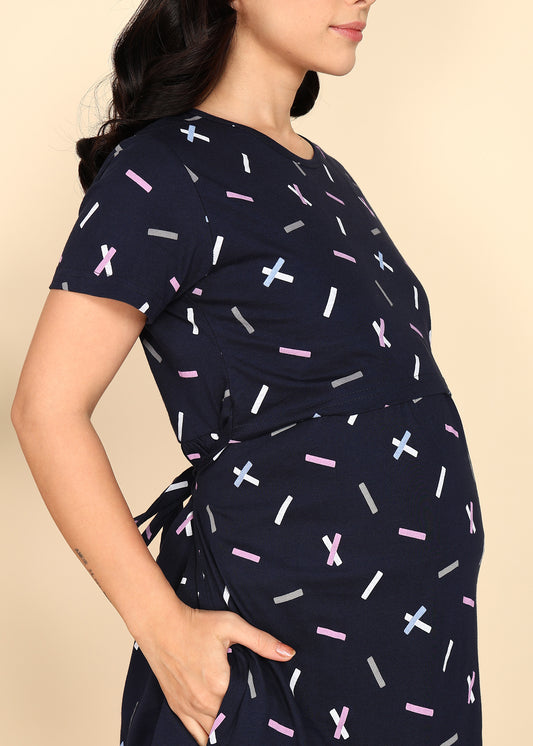 NavyBlue-KnittedCotton-Maternity-Loungewear-Dress