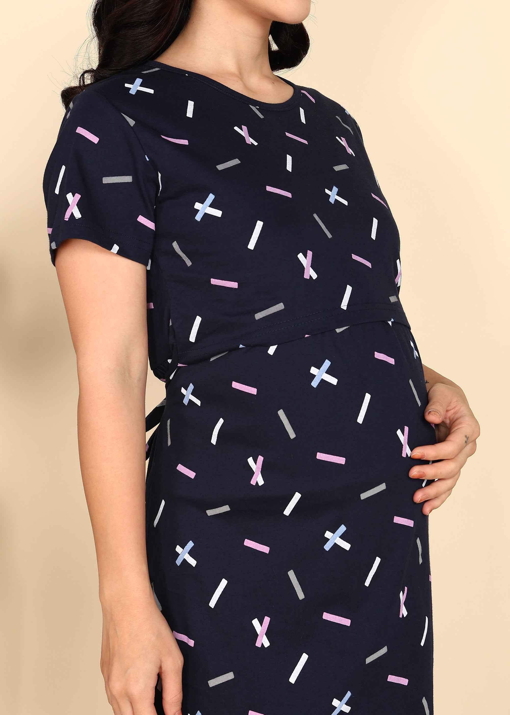 Navy Blue Knitted Cotton Maternity Loungewear Dress
