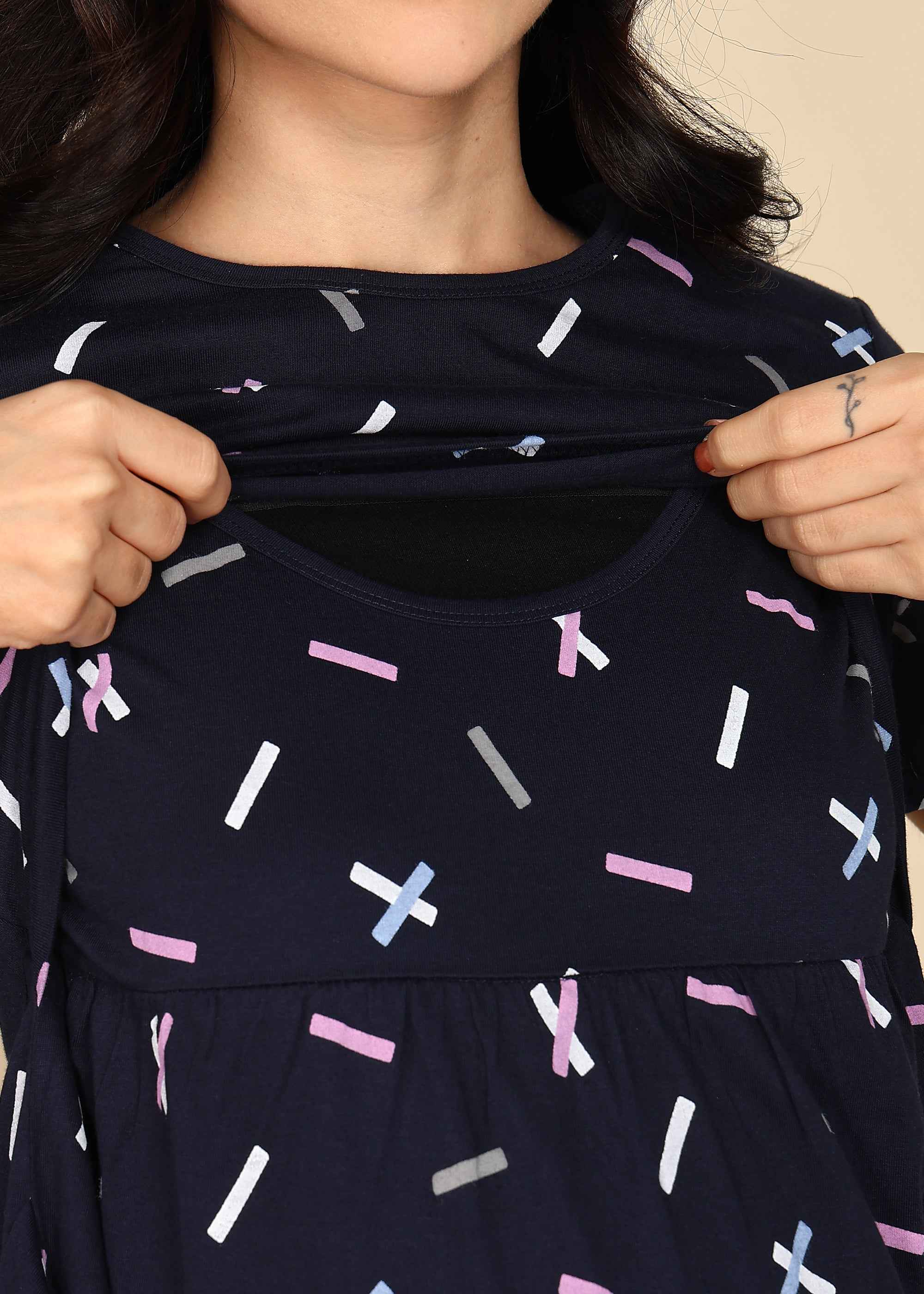 Navy Blue Knitted Cotton Maternity Loungewear Dress