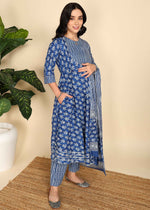 Navy Blue Maternity and Feeding Kurta Set with Dupatta