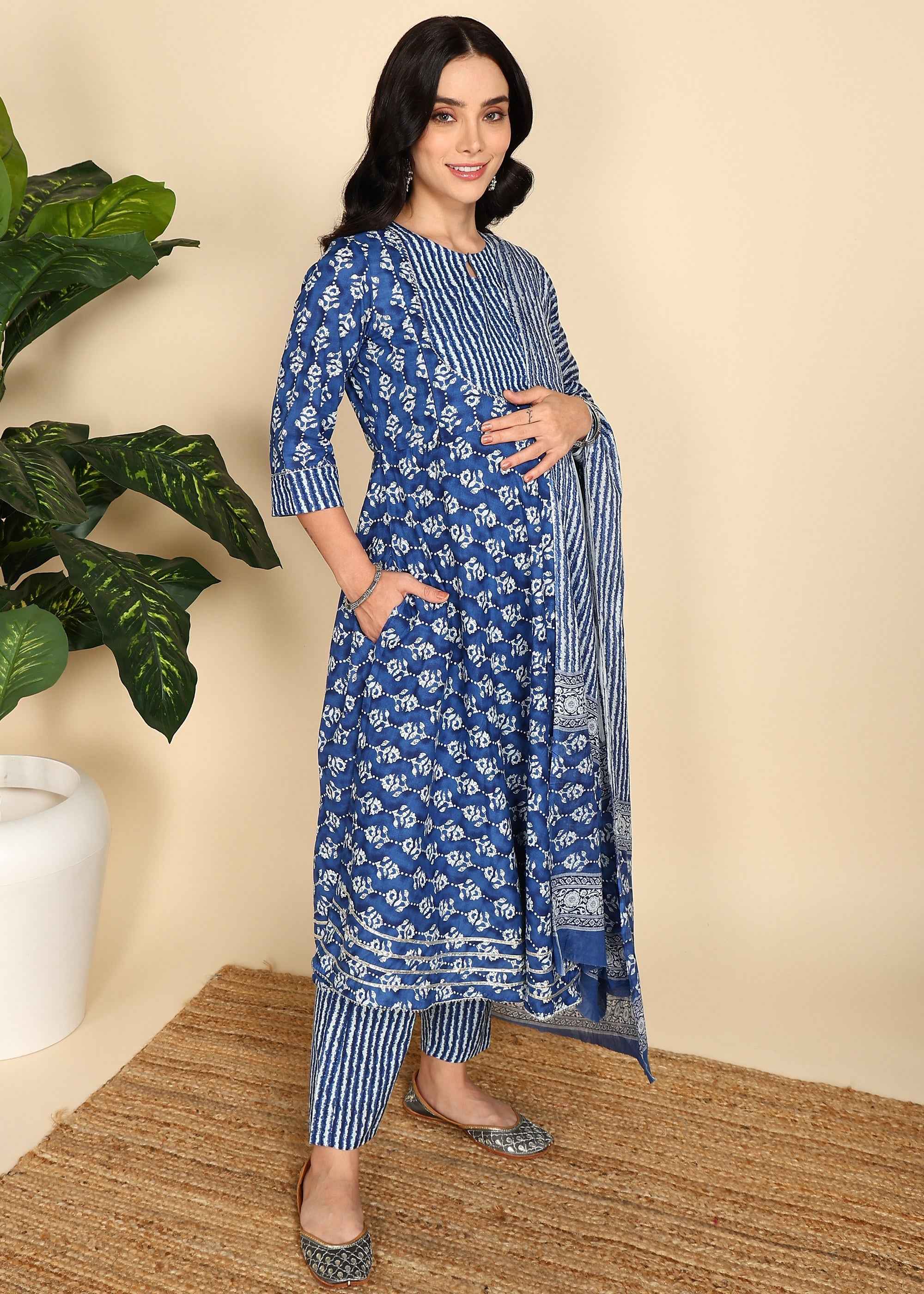 Navy Blue Maternity and Feeding Kurta Set with Dupatta