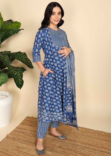 Navy Blue Maternity and Feeding Kurta Set with Dupatta