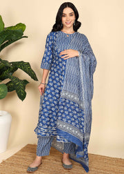 Navy Blue Maternity and Feeding Kurta Set with Dupatta