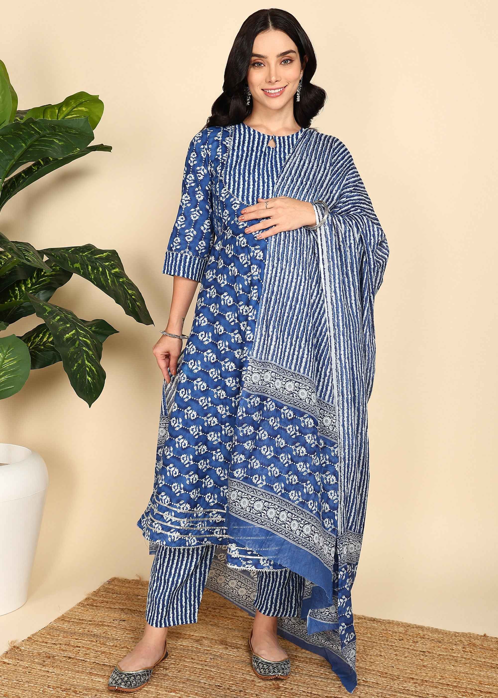 Navy Blue Maternity and Feeding Kurta Set with Dupatta