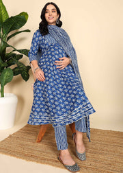 Navy Blue Maternity and Feeding Kurta Set with Dupatta