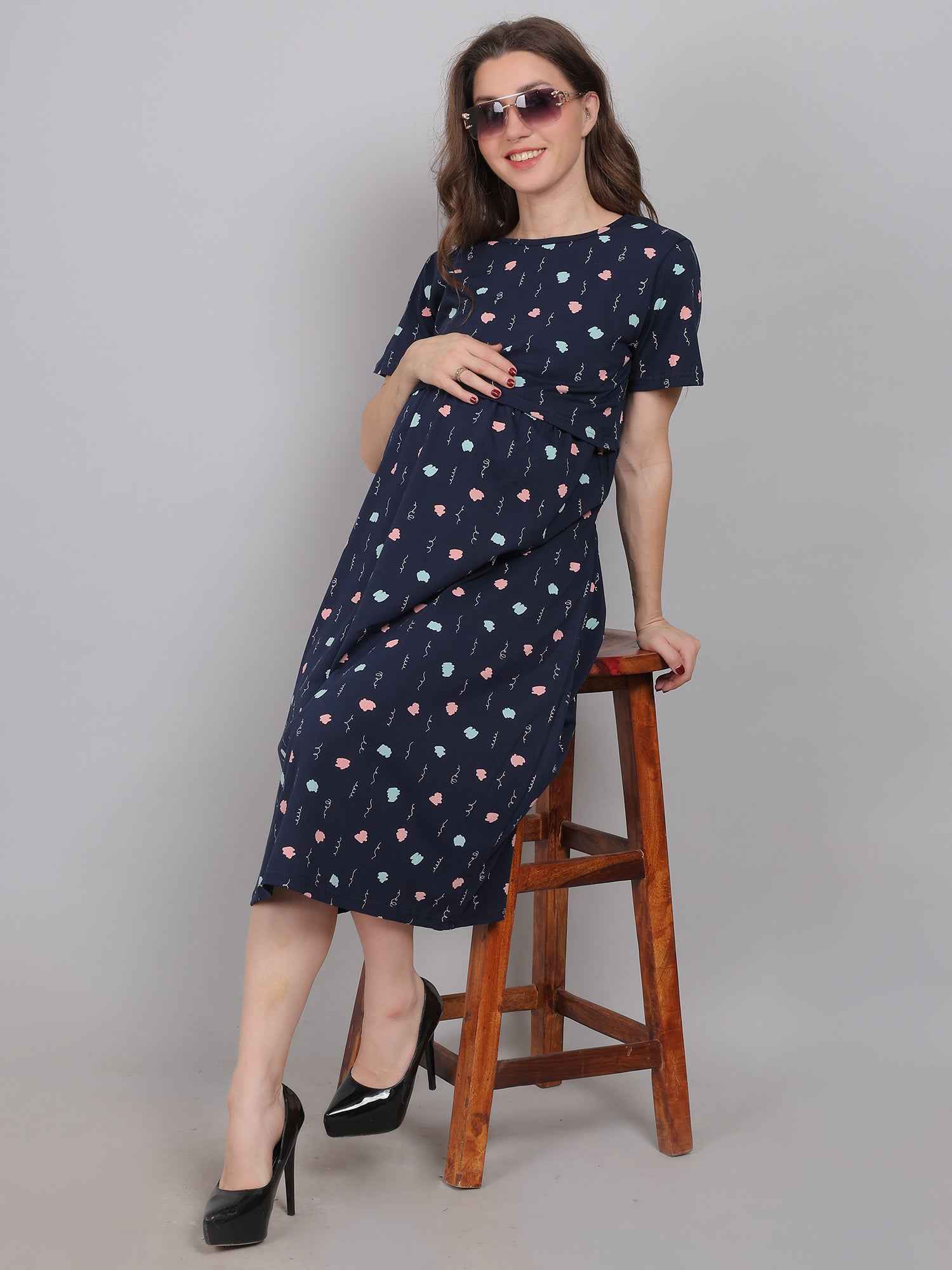 Navy Blue Knitted Cotton Maternity Loungewear Dress