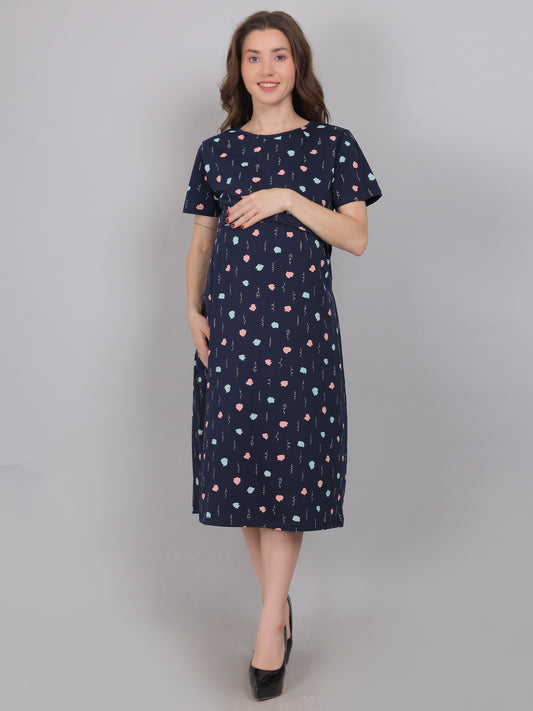 NavyBlue-Printed-KnittedCotton-Maternity-Loungewear-Dress