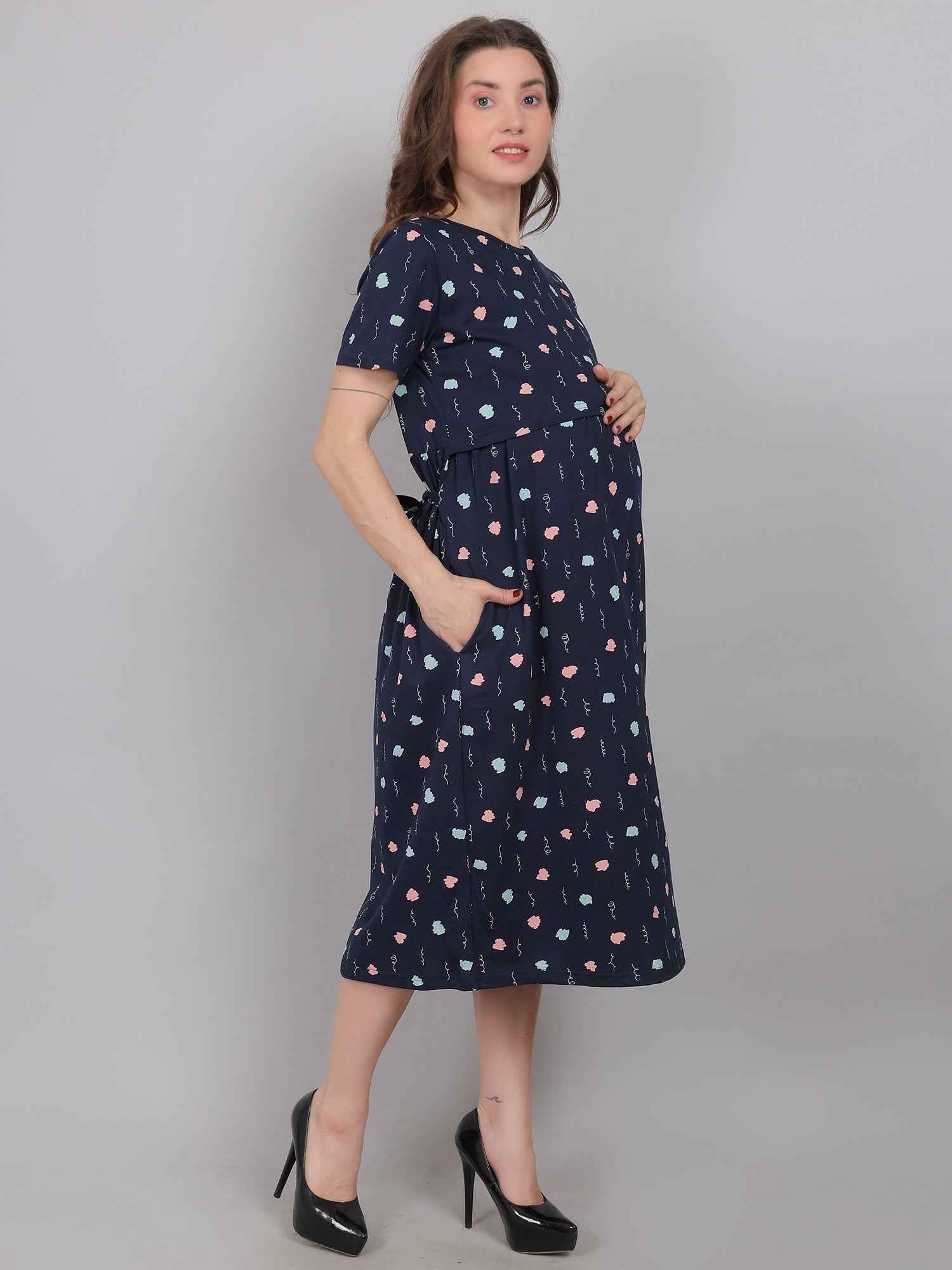 Navy Blue Knitted Cotton Maternity Loungewear Dress