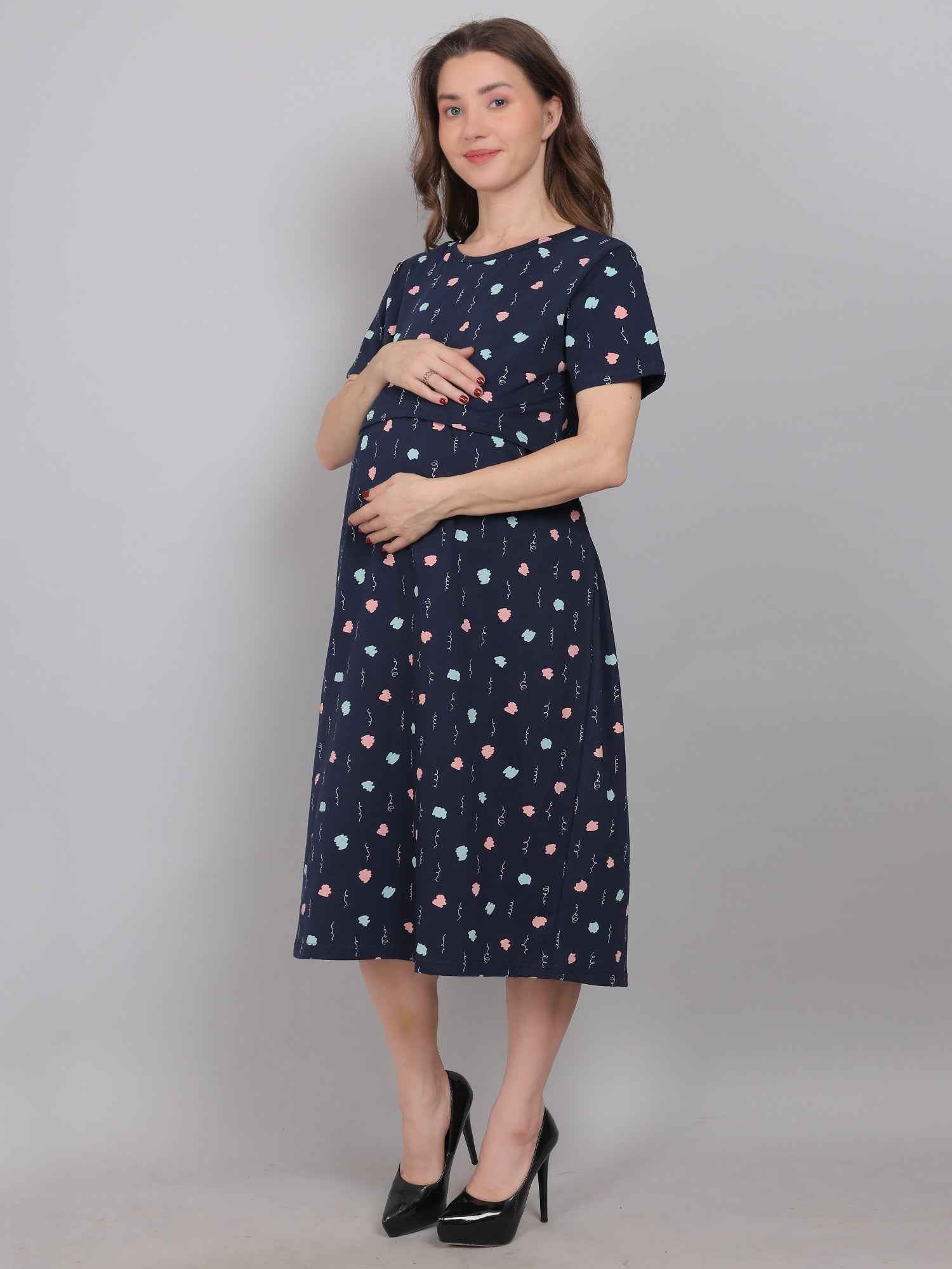 Navy Blue Knitted Cotton Maternity Loungewear Dress