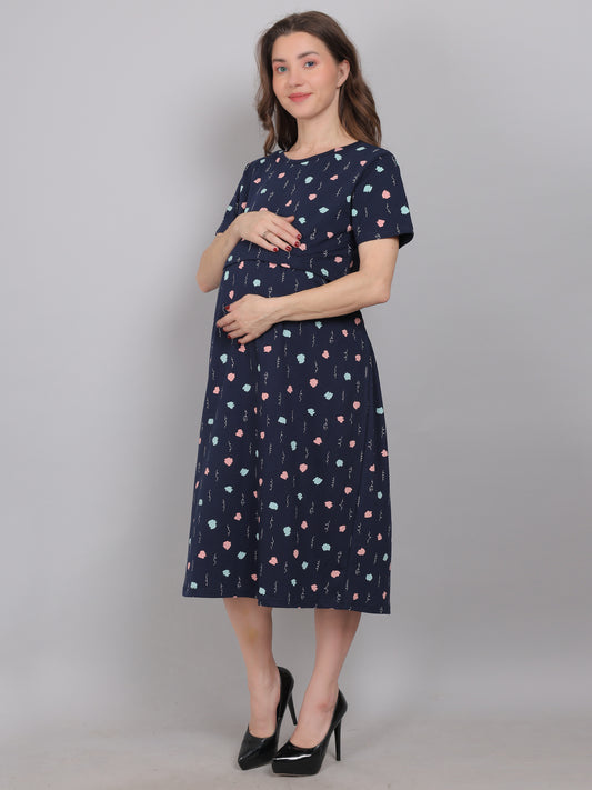 NavyBlue-Printed-KnittedCotton-Maternity-Loungewear-Dress