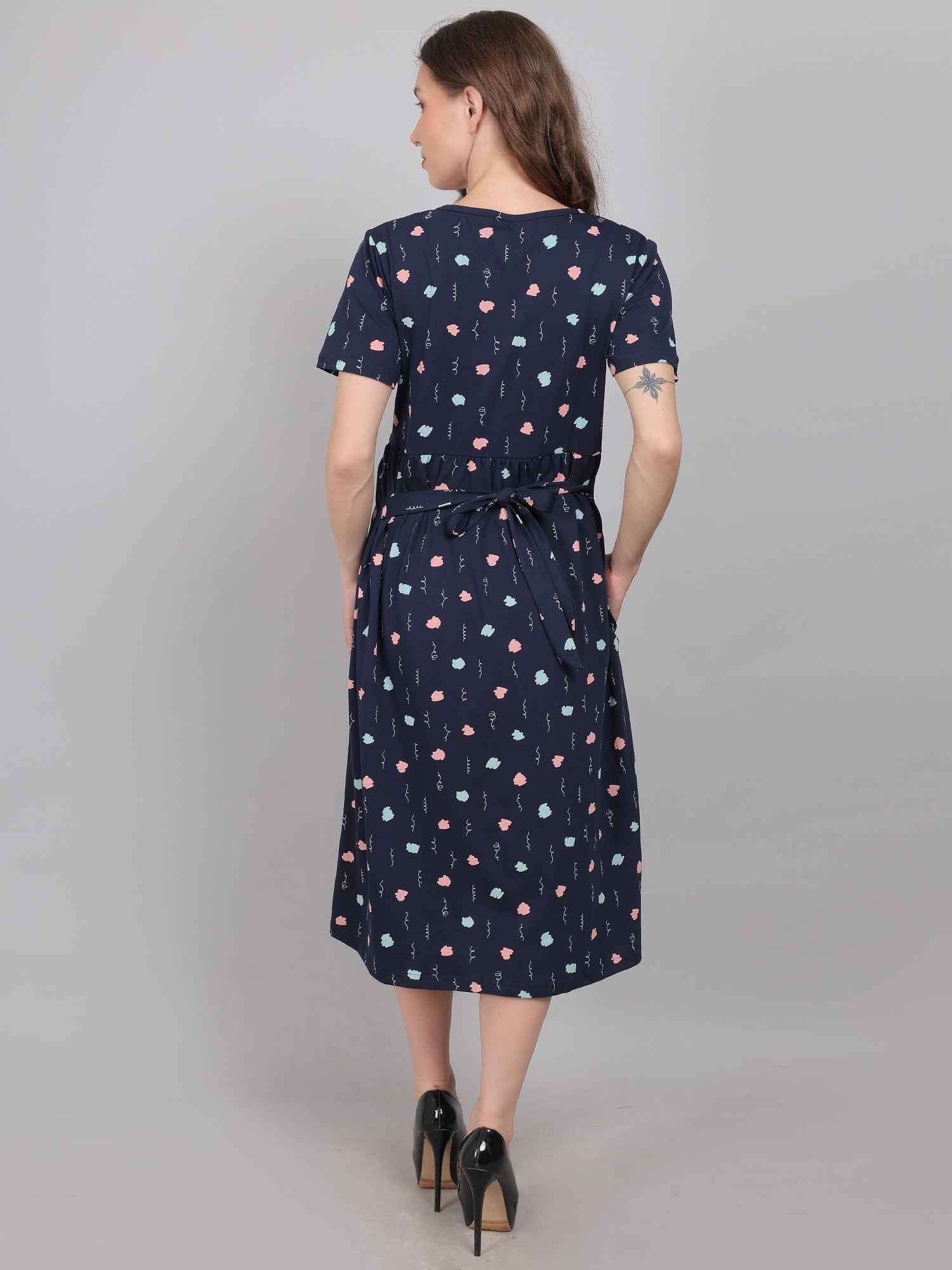 Navy Blue Knitted Cotton Maternity Loungewear Dress