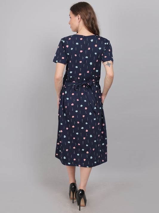 NavyBlue-Printed-KnittedCotton-Maternity-Loungewear-Dress