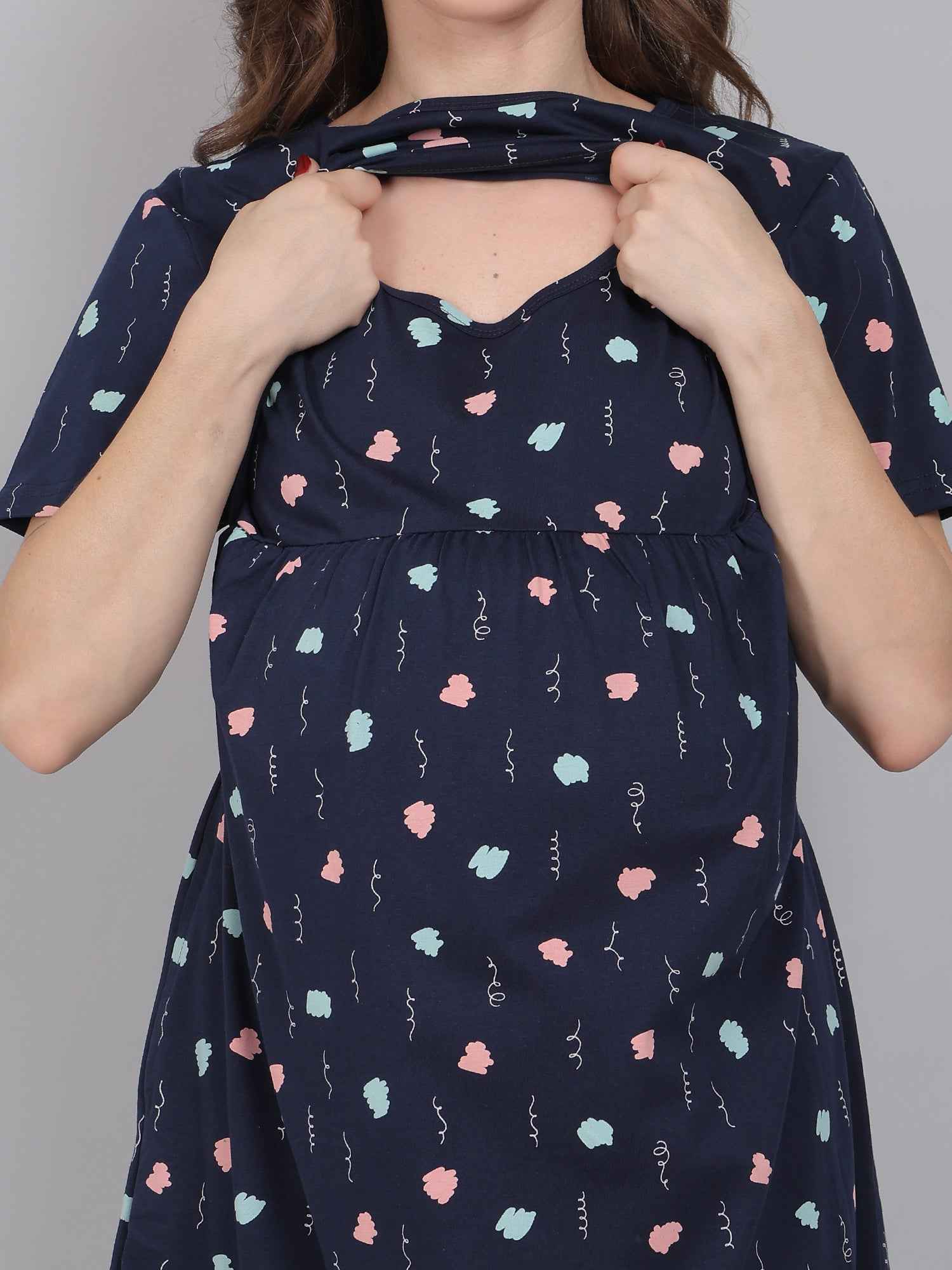 Navy Blue Knitted Cotton Maternity Loungewear Dress