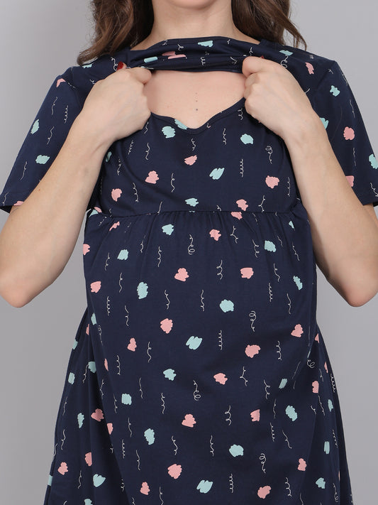 NavyBlue-Printed-KnittedCotton-Maternity-Loungewear-Dress
