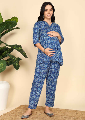 Navy Blue Pure Cotton Maternity and Feeding Co-ord Set