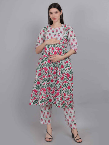 Off-White Pure Cotton Maternity and Feeding Kurta Set