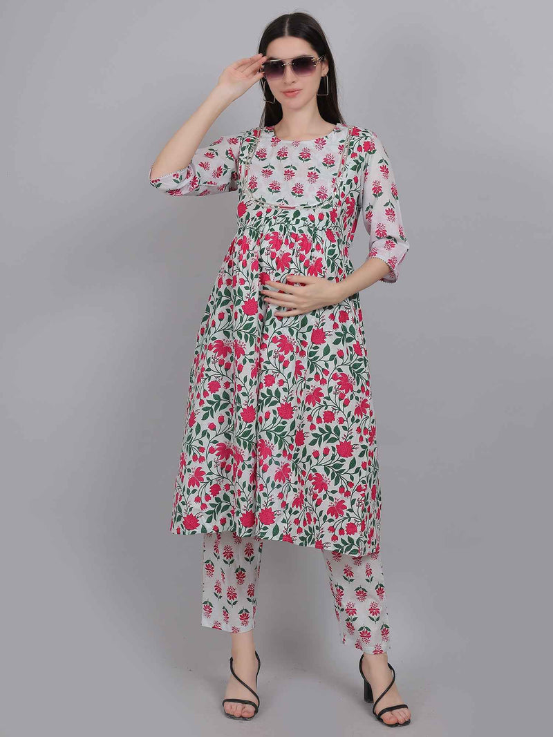 Off-White Pure Cotton Maternity and Feeding Kurta Set